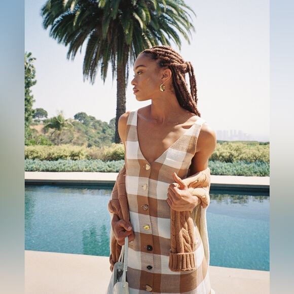 Staud Samuel Button Front Plaid Brown Mini Dress in Tobacco Gingham 0 - Picture 1 of 8
